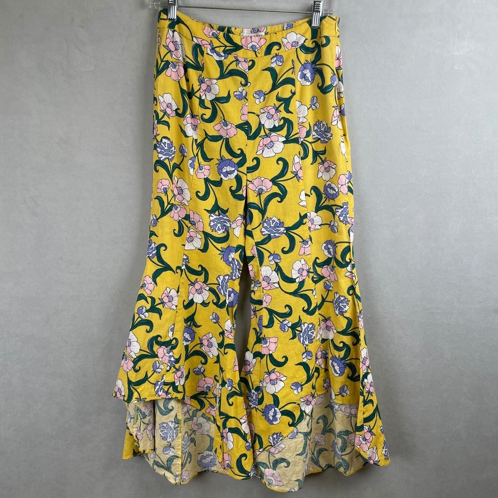 Moon River Flora Flare Yellow Wide Leg Pant High Rise Tulip Hem Sz M Linen Flowy